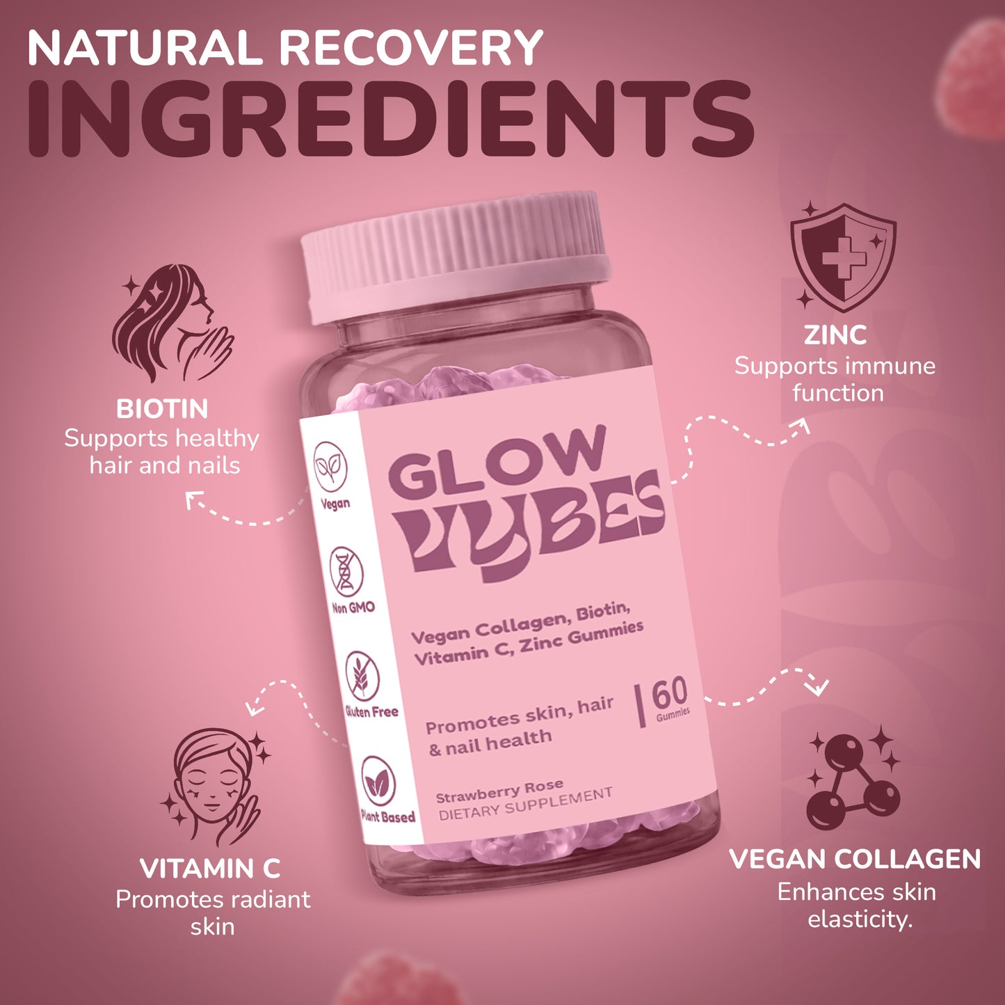 Vybes Glow Beauty Gummies – Skin, Hair & Nails Support with Biotin – 60 Gummies