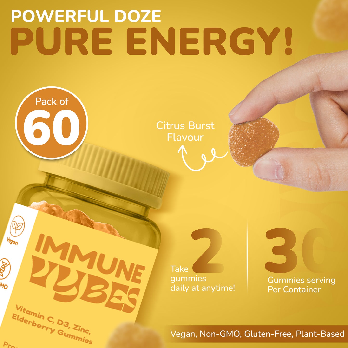 Vybes Immune Defense Gummies – Vitamin C, Zinc & Antioxidant Support – 60 Gummies