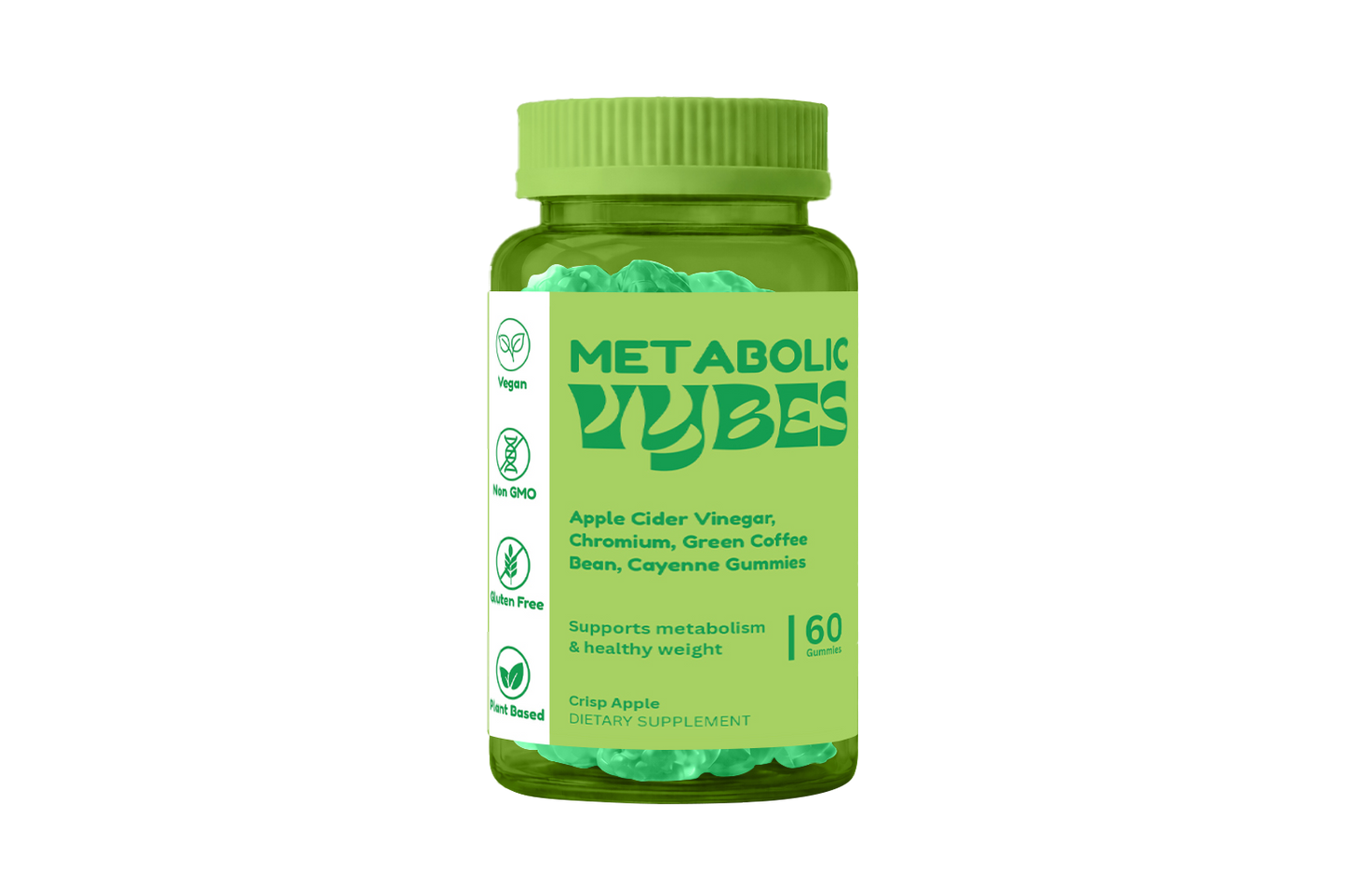 Green bottle of Metabolic Vibes dietary supplement on a white background