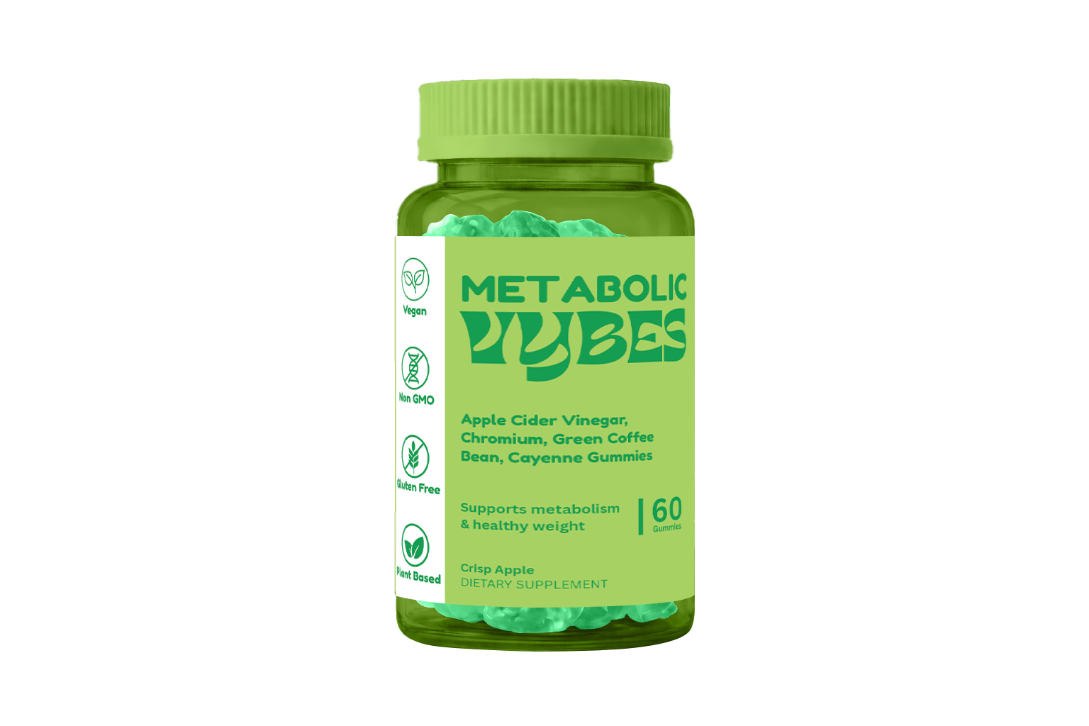 Green bottle of Metabolic Vibes dietary supplement on a white background
