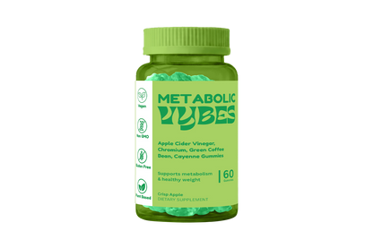 Green bottle of Metabolic Vibes dietary supplement on a white background