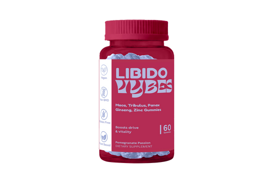 Pink bottle of Libido Vibes gummies on a white background