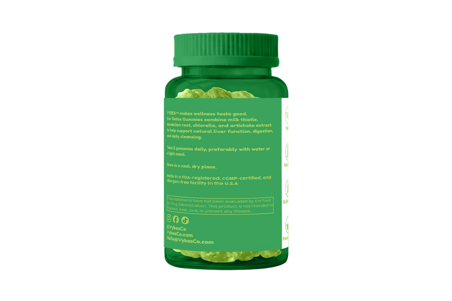 Green supplement bottle with capsules on a white background