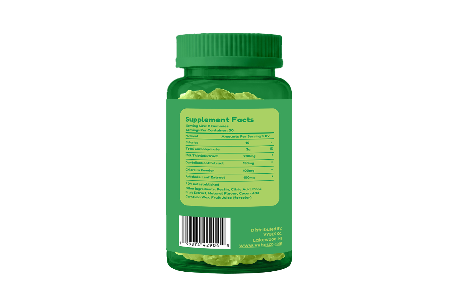 Green supplement bottle with label on a white background