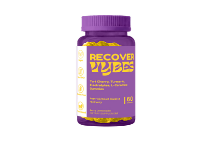 Purple bottle of Recover Gummies with yellow text on a white background