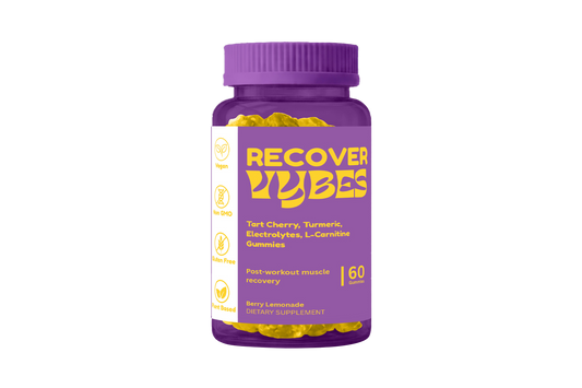 Purple bottle of Recover Gummies with yellow text on a white background