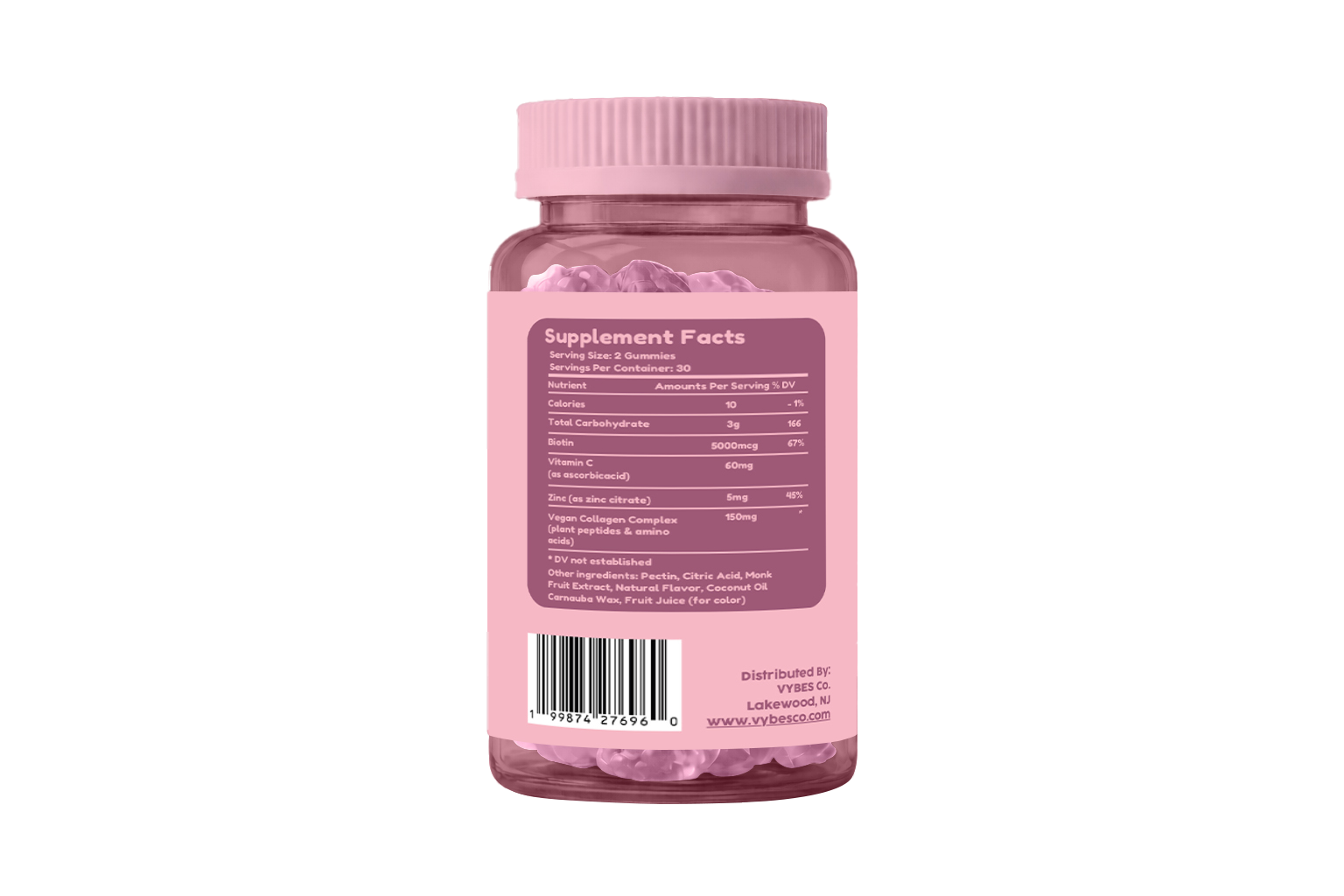 Pink supplement bottle with label on a white background